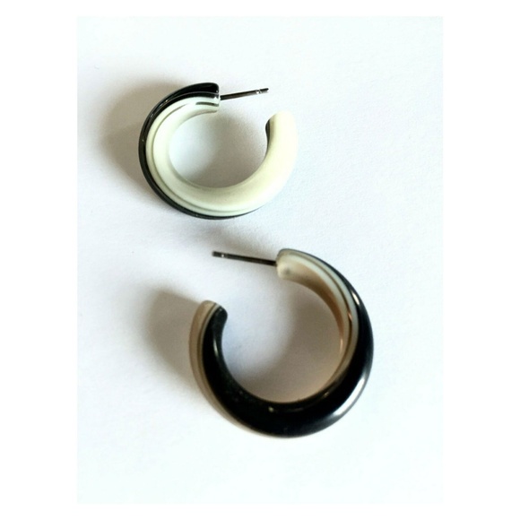 Black & Ivory Lucite Stripe Tube Hoop Earrings - Picture 2 of 7
